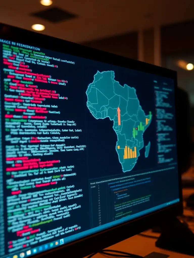 An R script performing statistical analysis on a dataset, visualized with a map of South Africa highlighting regional data trends.