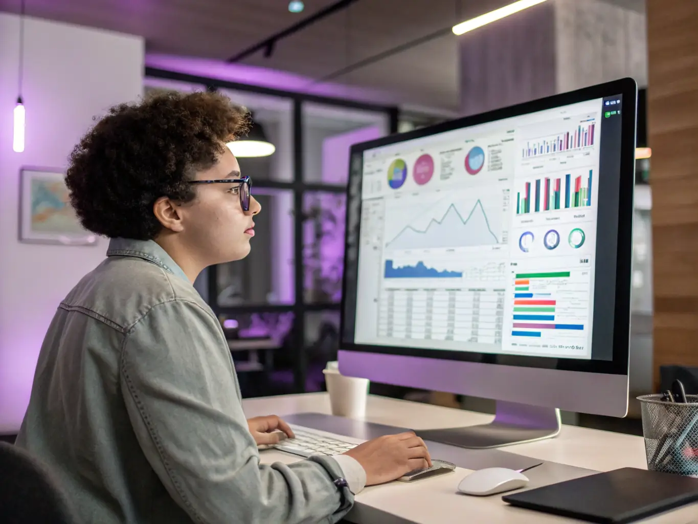 A professional working on a data visualization dashboard, showcasing the practical application of data science skills.