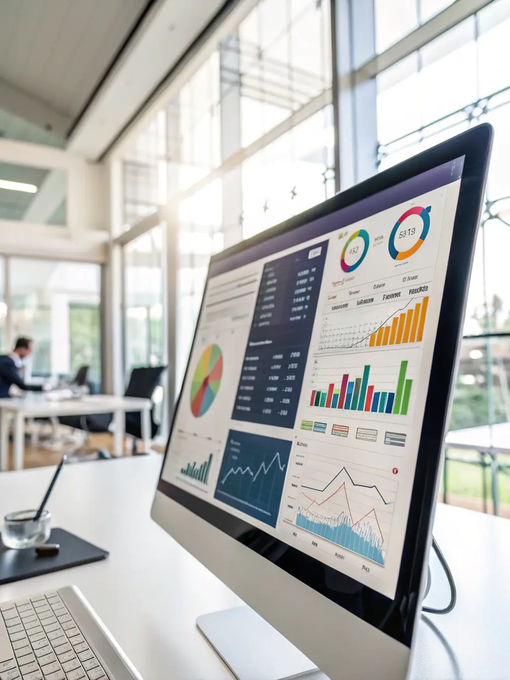 An image showcasing data visualization techniques, such as interactive dashboards and charts, presenting data insights effectively. The visualization should be clear and informative.