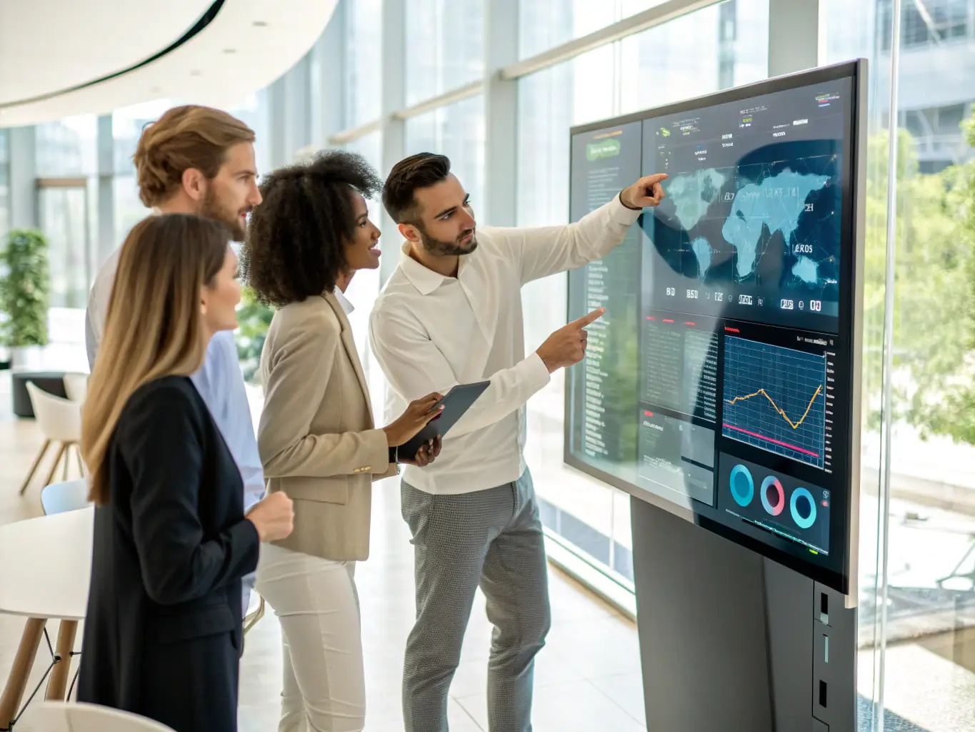 A group of data scientists collaborating on a machine learning project, highlighting teamwork and problem-solving.