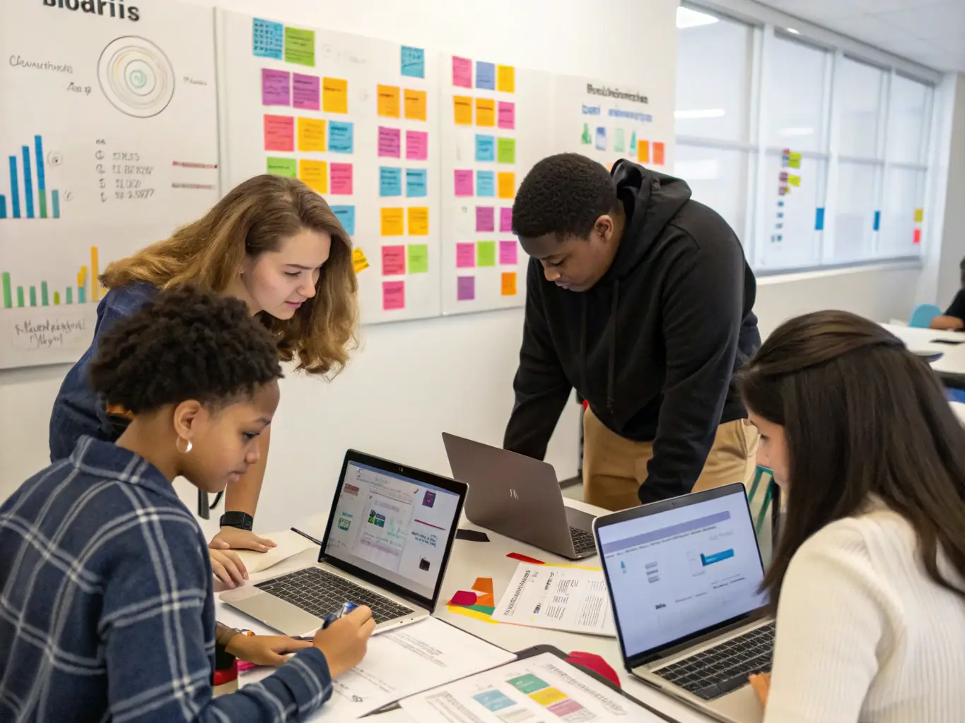 A diverse group of students collaboratively working on a data science project in a modern classroom setting, reflecting the collaborative learning environment at datavibe.site.