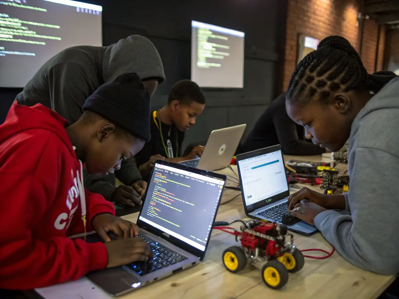 A classroom scene with students working on laptops, coding in Python and R, with instructor guidance, representing the Data Science Bootcamp.